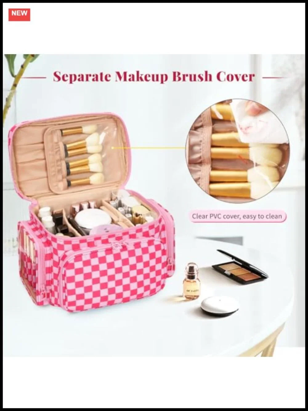 Large Checkered Makeup Bag with Brush Compartment & Pockets, Travel Cosmetic